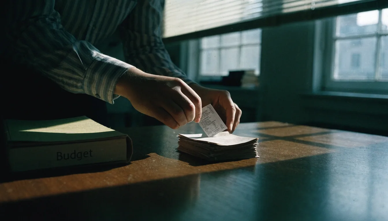 A reading-room desk at night with a stack of worn paper pay-stub cards under a single amber lamp