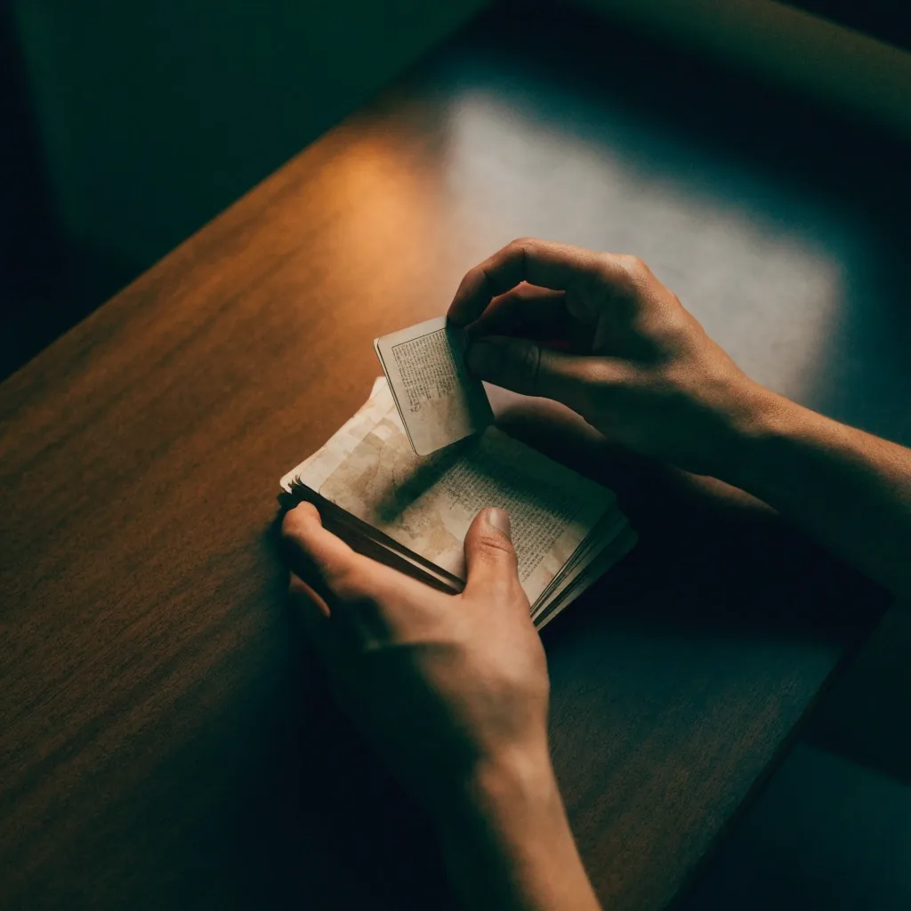 A hand pressing a worn paper card into a wooden catalog drawer under amber light