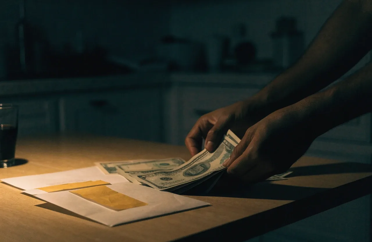 A kitchen table at night with paper envelopes and a pencil under amber streetlight