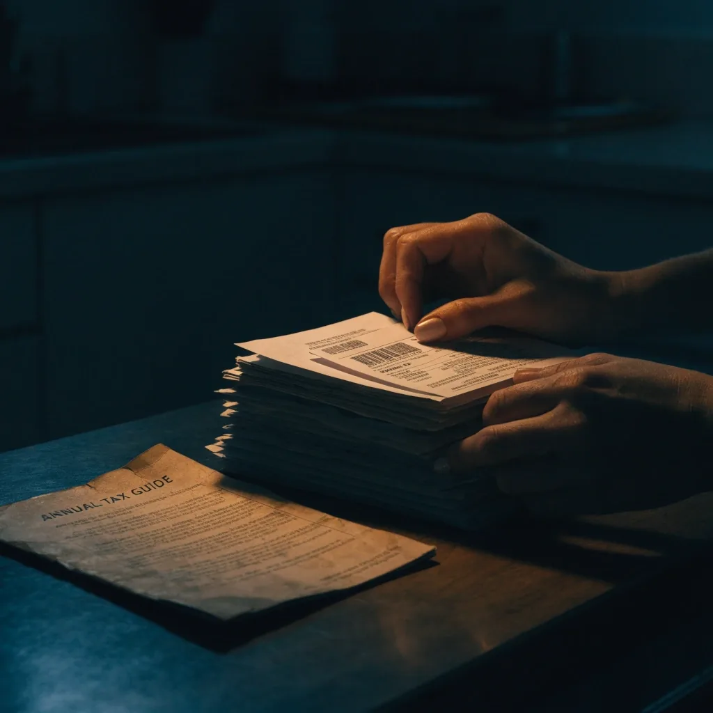 An open ruled ledger book beside a stack of pay-stub cards under a single amber light