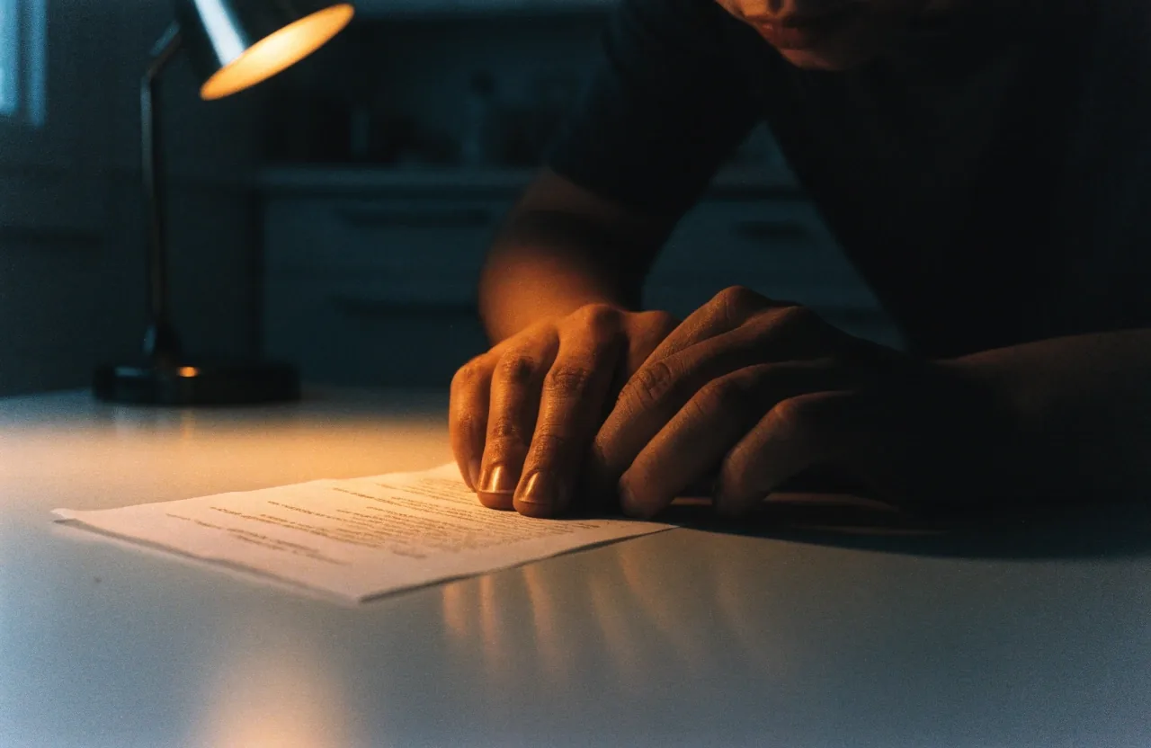 Paper envelopes and a pencil laid out on a kitchen table under streetlight