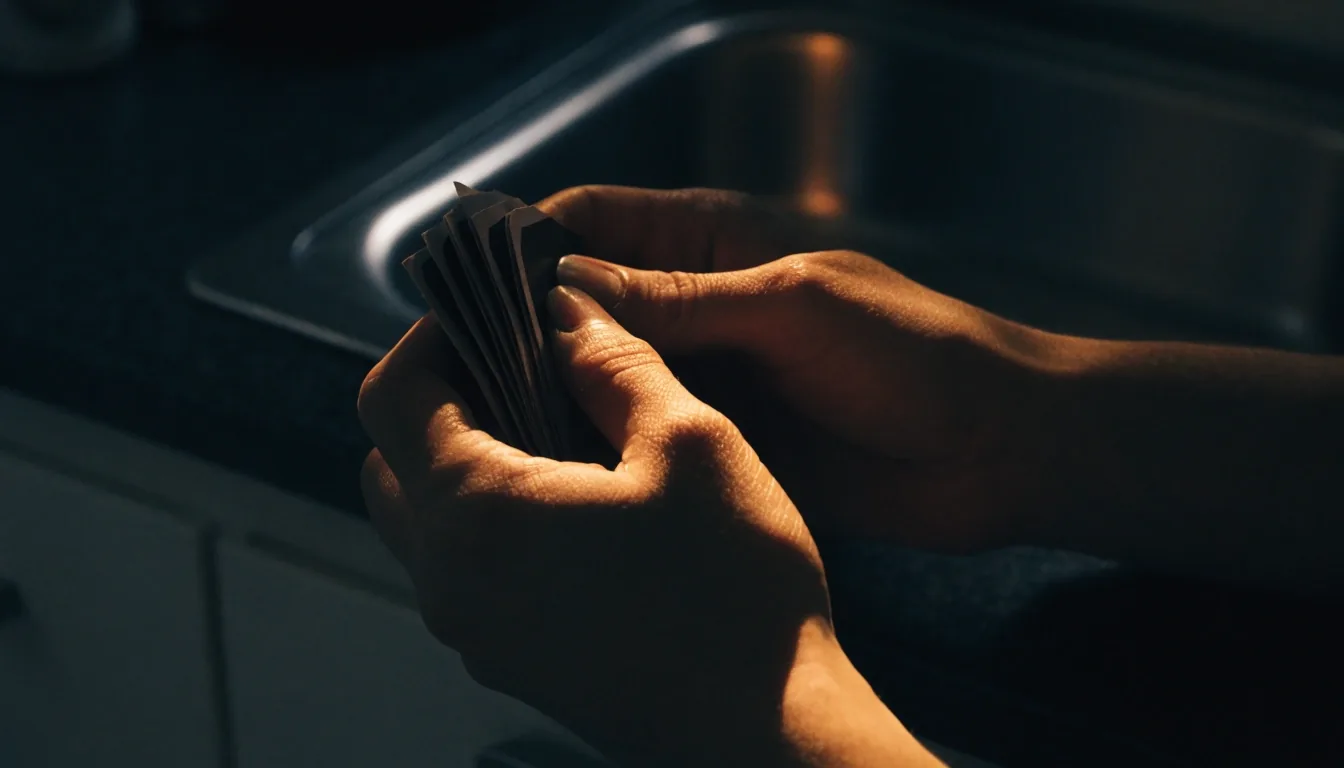 Worn pay-stub cards fanned in an open drawer under a single amber desk lamp