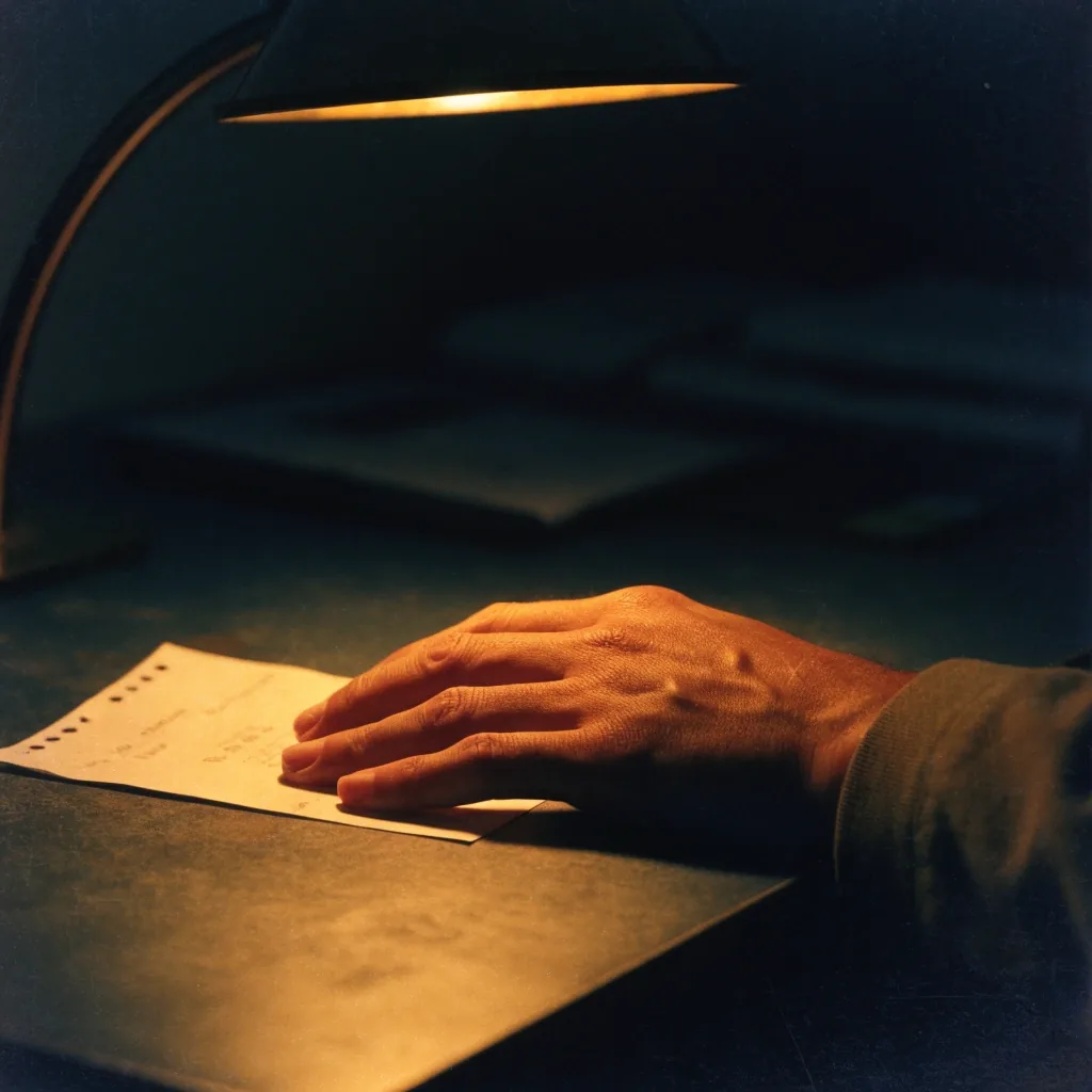 A worn paper card resting on a desk blotter under a single amber lamp in a dark payroll office