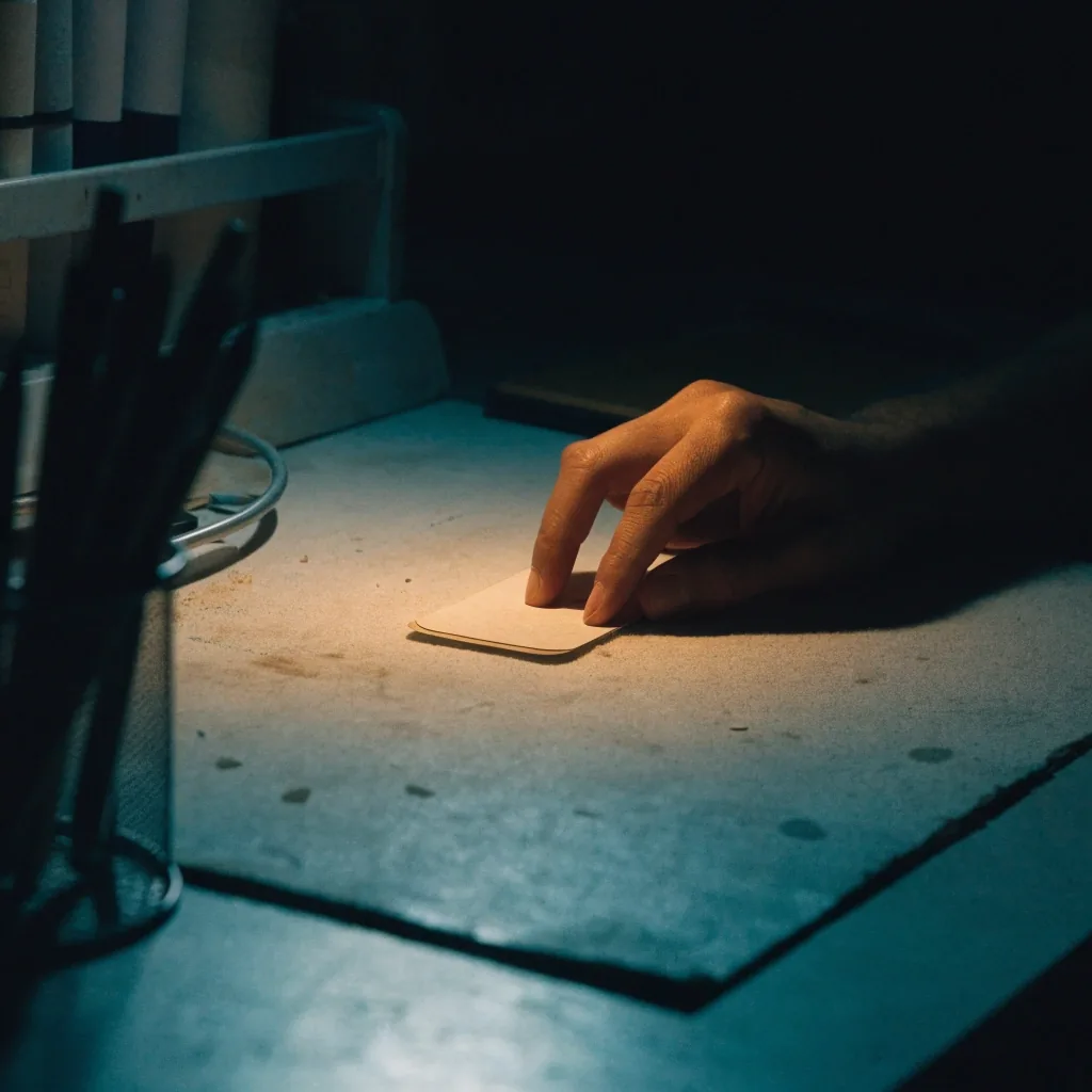 A wooden card drawer pulled open on a dark desk with worn paper cards under a warm lamp