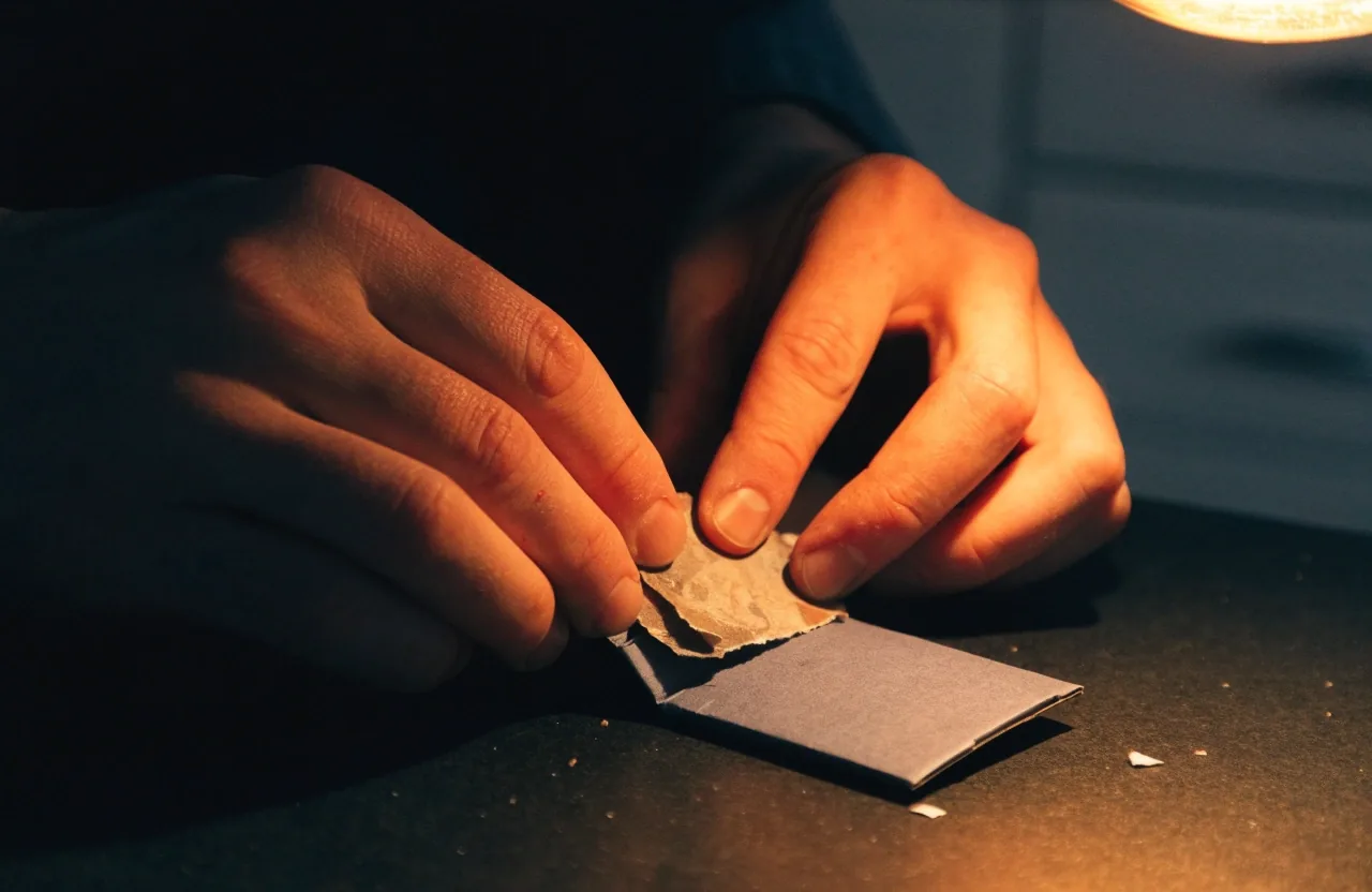 A stack of worn pay-stub cards on a desk under a single amber light