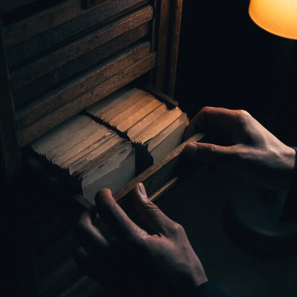 A worn card drawer pulled open with paper index cards fanned forward under a warm lamp