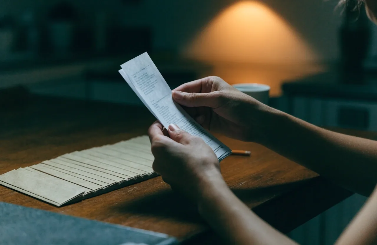 Paper envelopes and a pencil spread across a kitchen table under warm evening light