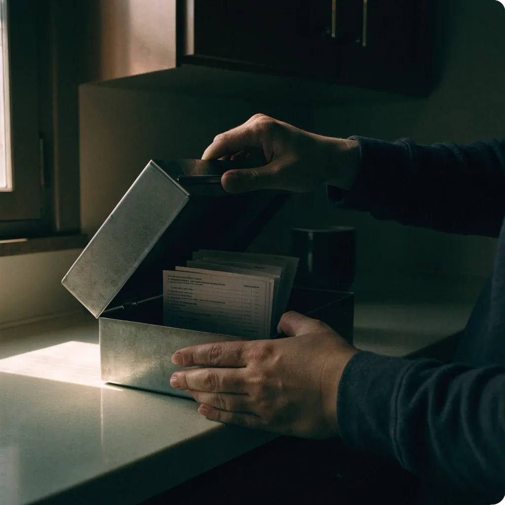 Open card drawer with pay-stub cards fanned forward under a desk lamp