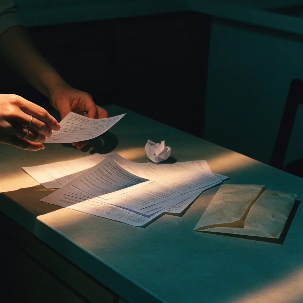 Paper envelopes and pay slips on a kitchen table at night under amber light
