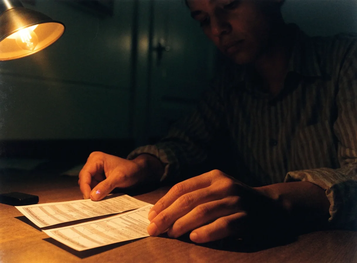 Ruled ledger page and pen on a desk under amber light