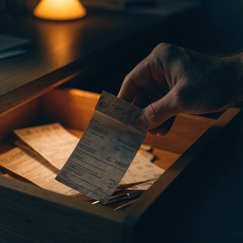 Worn pay-stub cards stacked in an open desk drawer under amber light