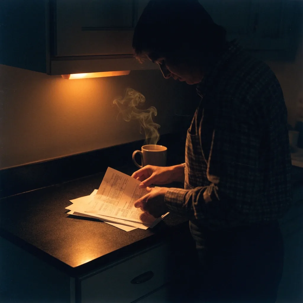 Hands sorting a loose stack of worn paper pay stubs on a dark desk