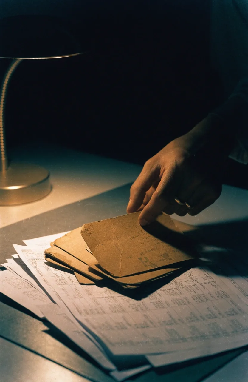 Worn paper pay stubs fanned in an open drawer under a single warm light