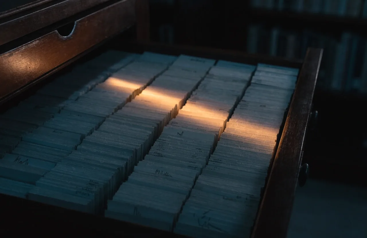 A worn card drawer pulled partway open under a single amber lamp in a dim reading room
