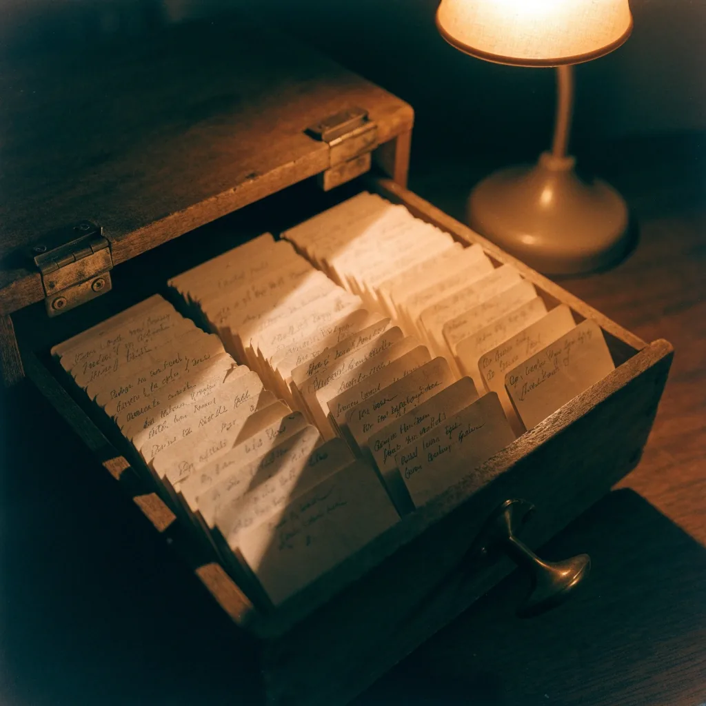 An open card drawer with paper index cards fanned forward under a single lamp