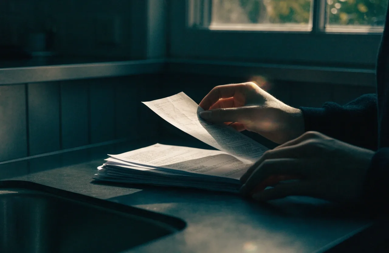 Worn paper pay slips fanned across a desk under amber lamplight