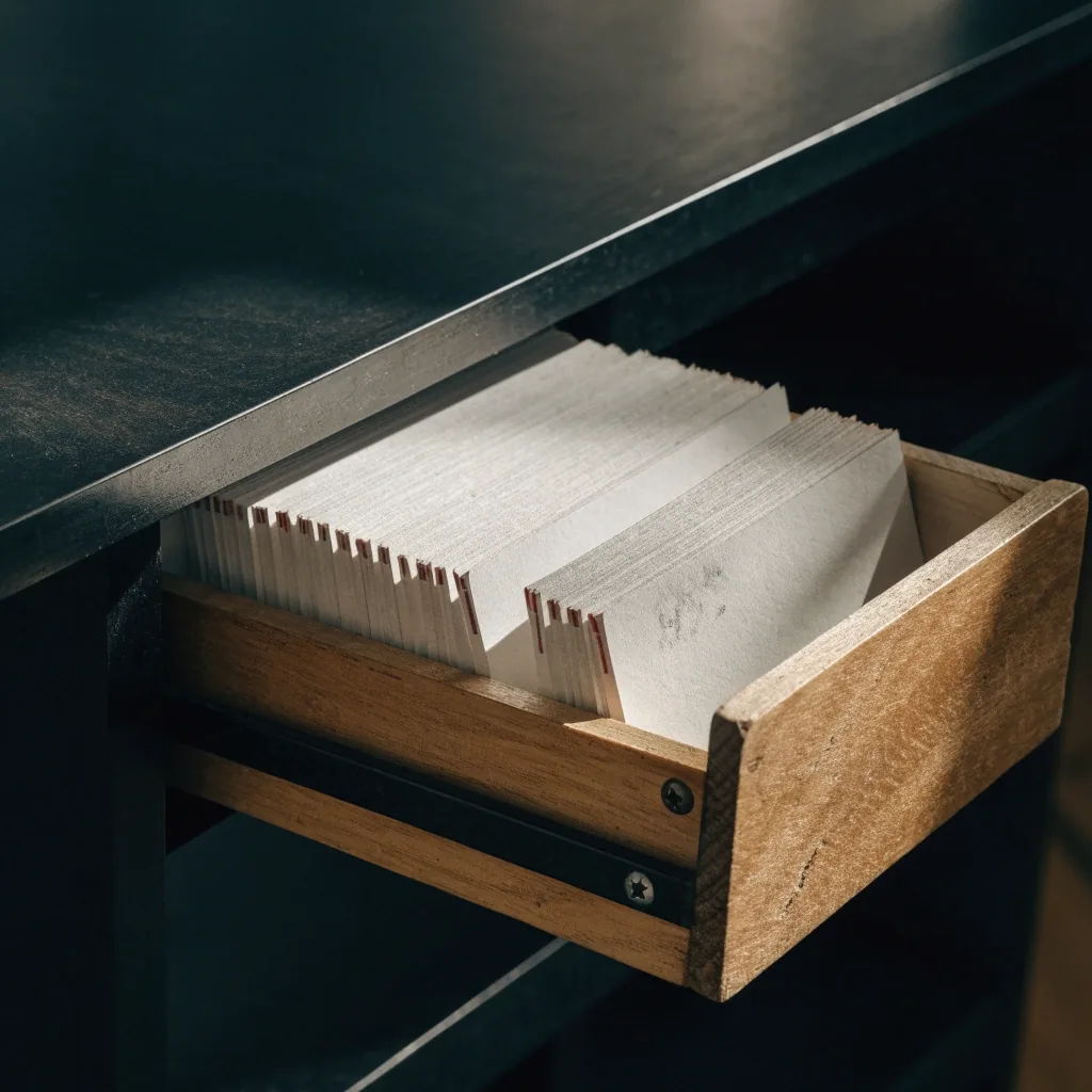 An open card-catalog drawer with paper cards fanned forward under a single amber desk lamp