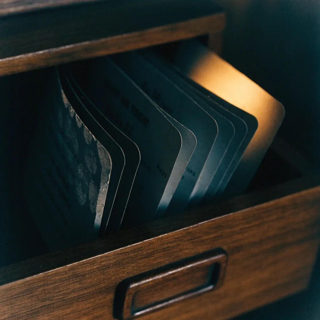 Worn pay-stub cards fanned inside an open wooden drawer on a dark desk under a single amber lamp